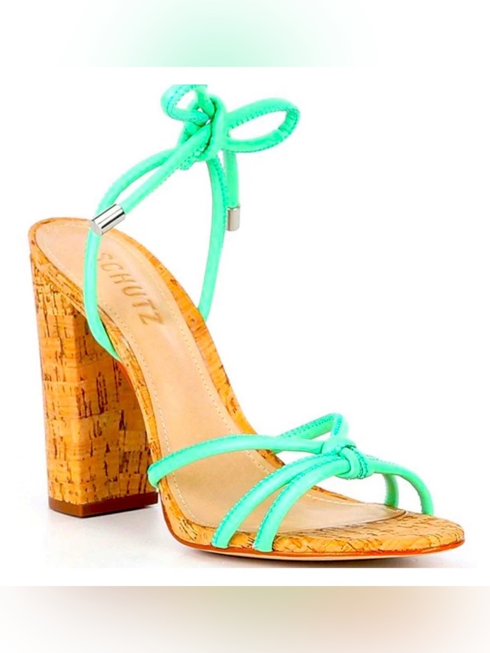 NWT Schutz Suzy Deep Mint Lace Up Cork Block Heel Sandals Size 5 summer leather
